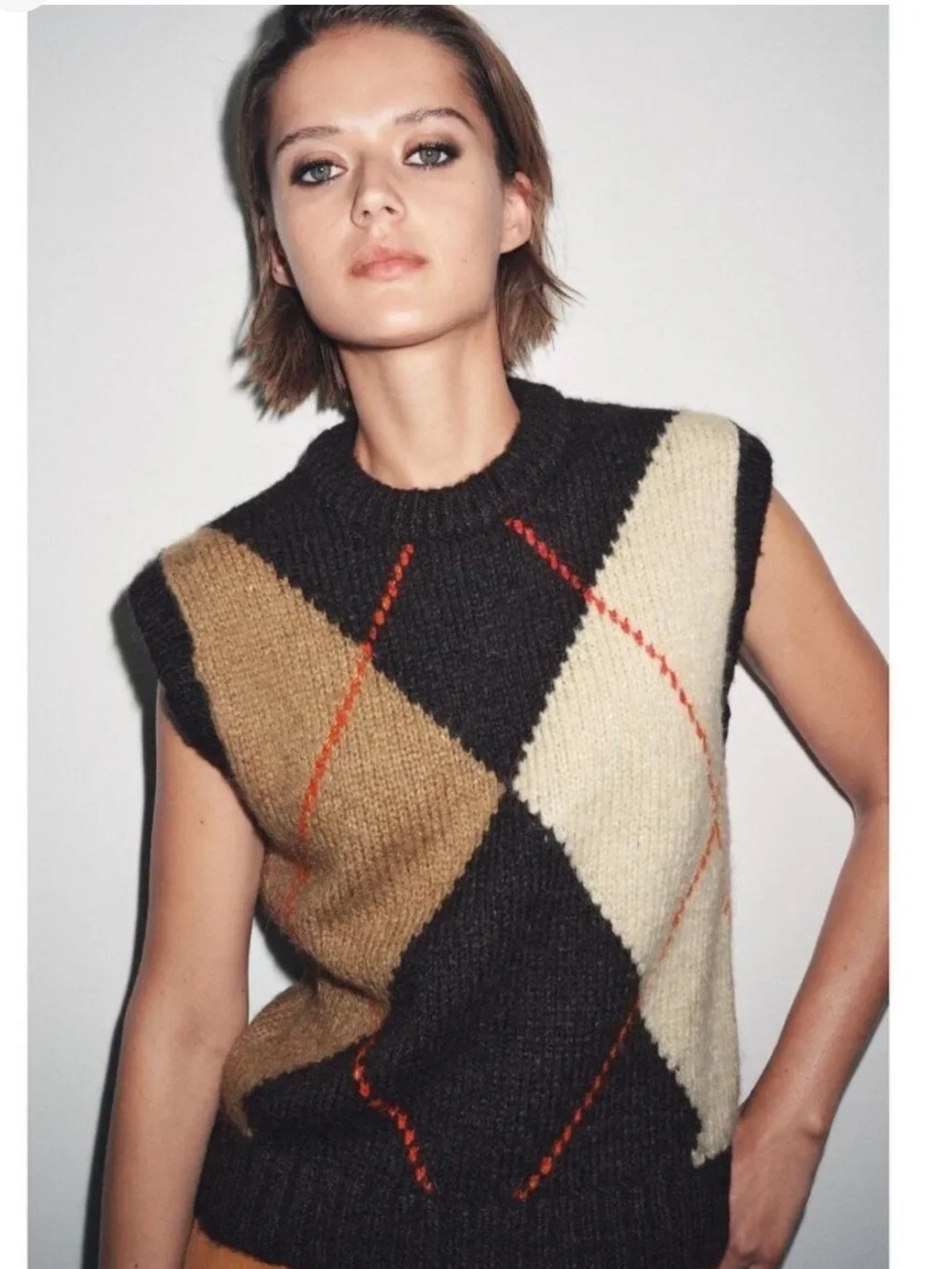 Zara Womens Sweater Vest Multicolor Argyle Chunky Knit Pullover Jumper 6771/110